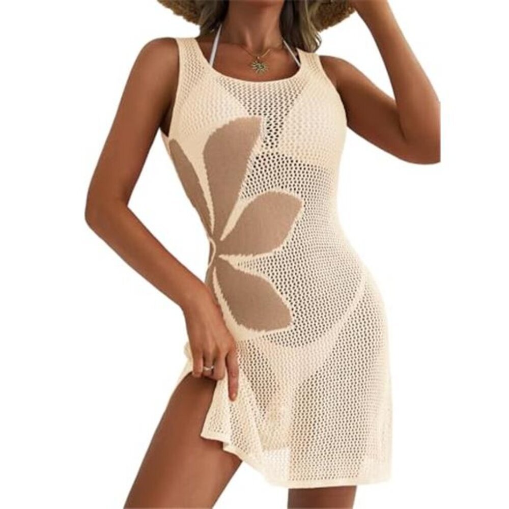 Women's Swimsuit Cover up Crochet Beach Floral Hollow Out Slit Bikini Sleeveless